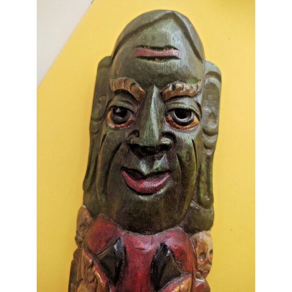 Vintage Nepalese Mahakala Wood Carving 19" x 5" Tibetan Totem Pole - Picture 14 of 14